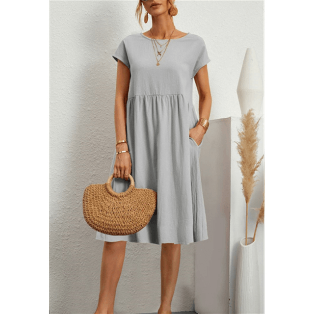 Robe midi d'été minimaliste pour femmes - Coton lin respirant et décontracté