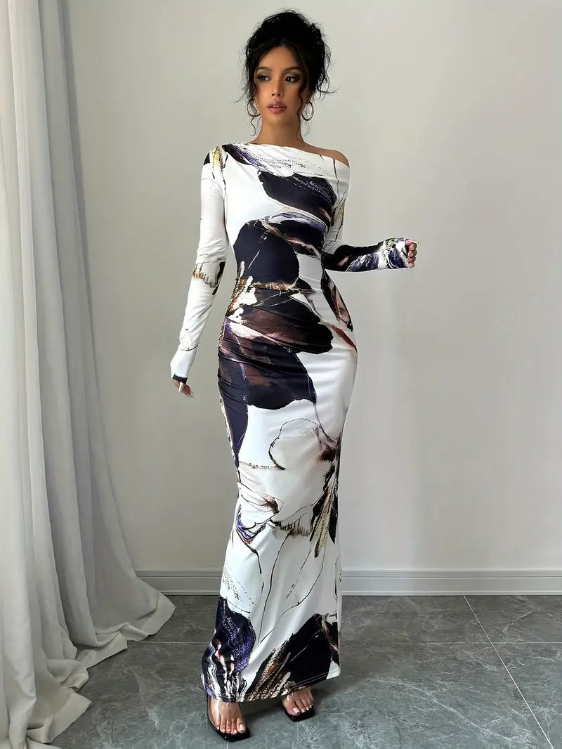 Robe Maxi Femme – Épaules Dénudées – Manches Longues – Coupe Ajustée – Imprimé Tendance