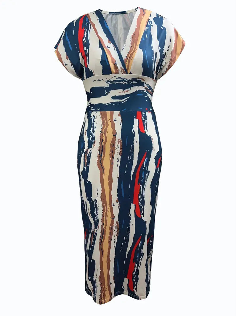 Robe Midi Femme - Cintrée Patchwork Denim - Manches Courtes Col V Chic