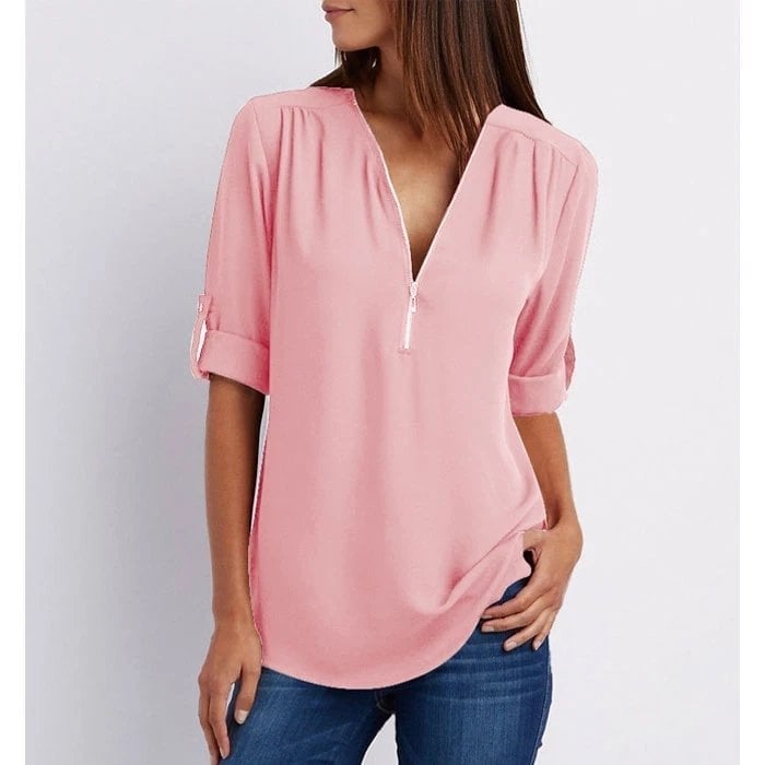 Blouse femme – Coupe décontractée – Tissu respirant – Demi-zip – Manches 3/4 retroussables