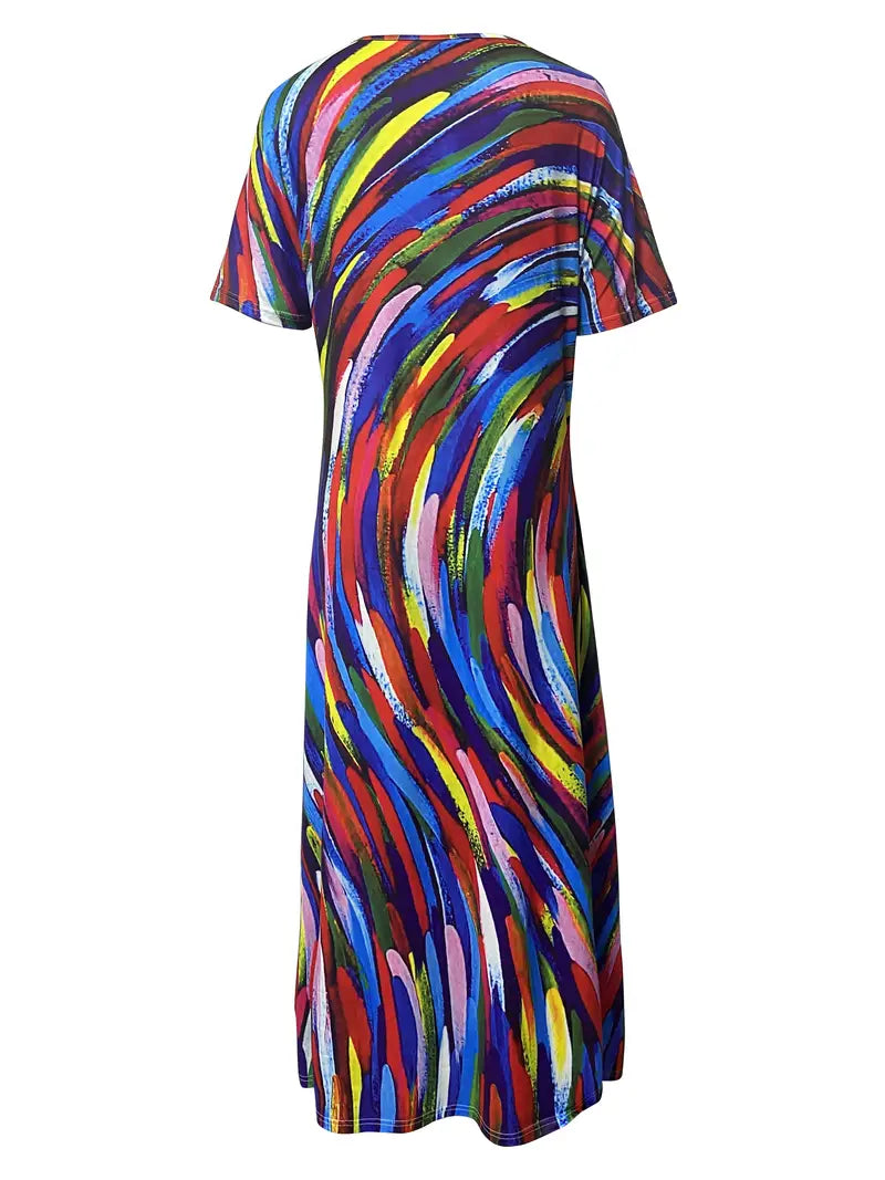 Robe Maxi Femme - Coupe Fluide - Col V - Manches Courtes - Motif Abstrait