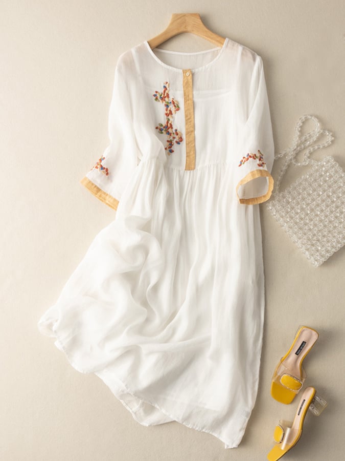 Robe femme midi – Coupe ample – Manches 3/4 – Fibre naturelle – Détails brodés