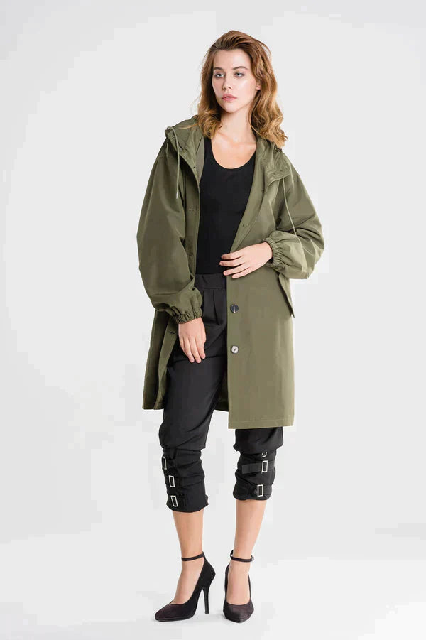 Veste imperméable femme – Coupe décontractée – Capuche réglable – Boutons – Mi-longue