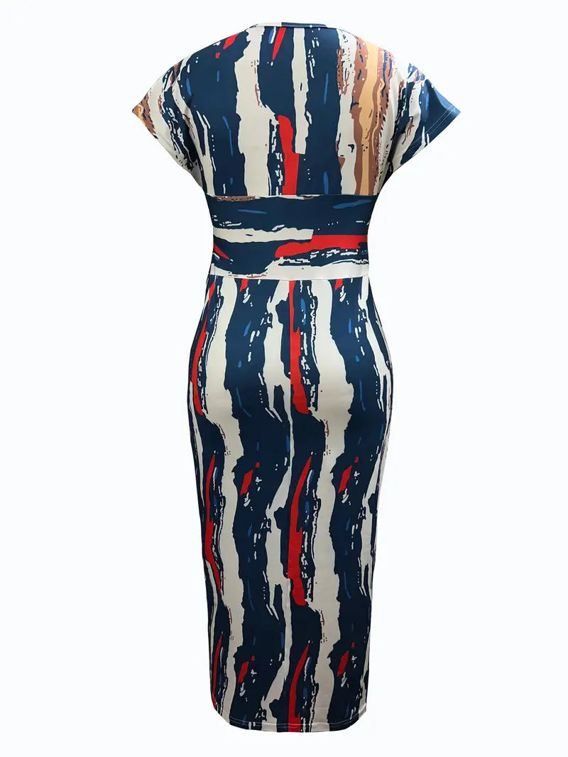 Robe Midi Femme - Cintrée Patchwork Denim - Manches Courtes Col V Chic