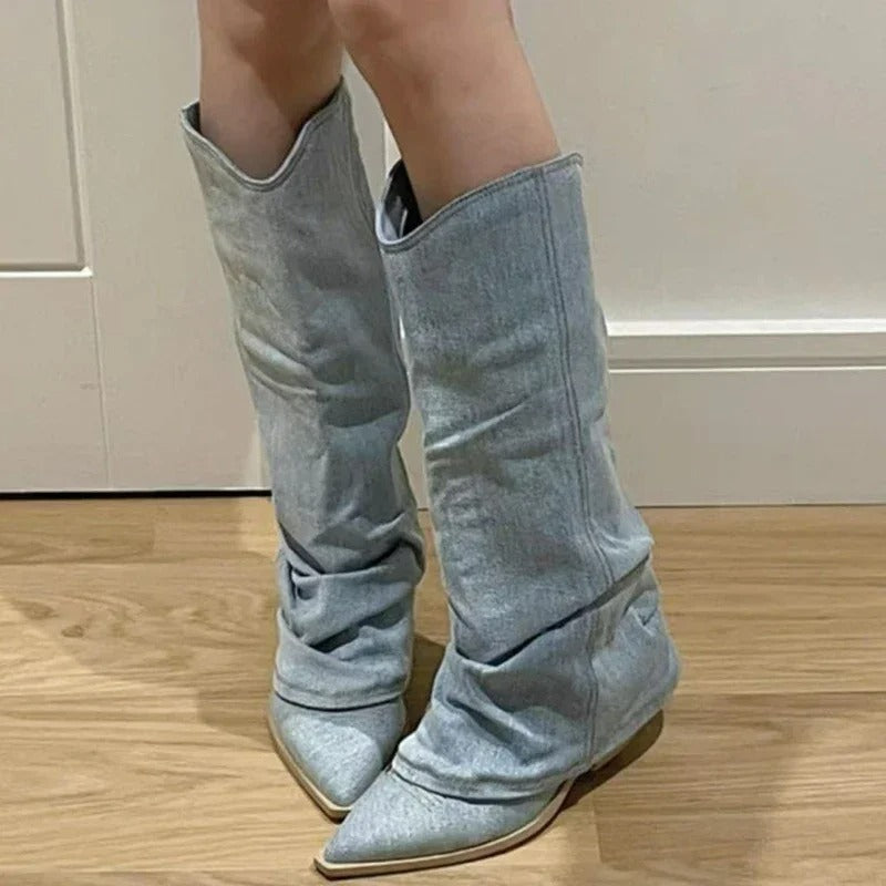 Bottes cowboy en denim longueur genou - Style tendance et robuste