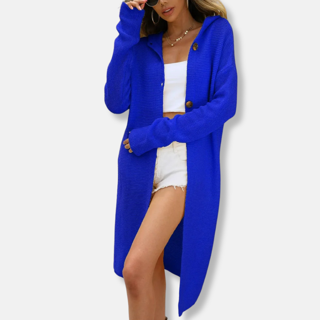 Femme Cardigan - Maille Côtelée - Capuche - Manches Longues - Longueur Mi-Cuisse