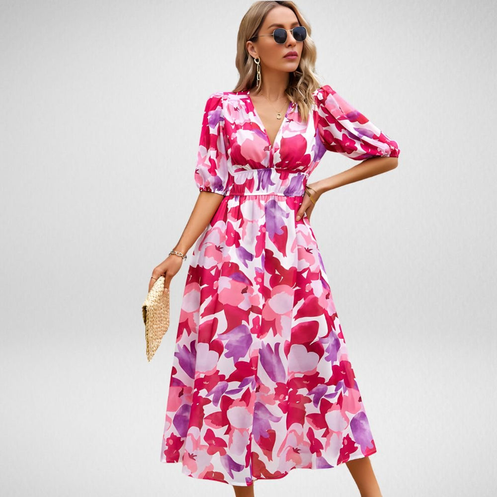 Robe Maxi Femme - Imprimé Géométrique - Manches Courtes Bouffantes - Col V - Taille Cintrée