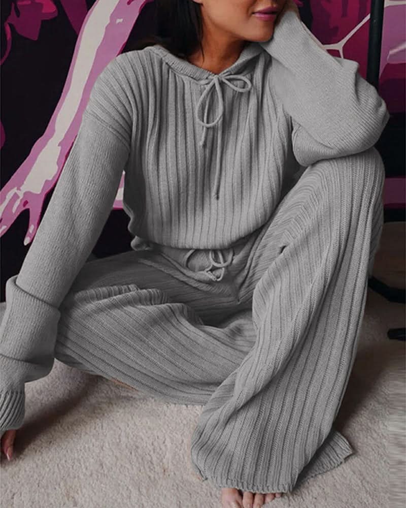 Ensemble Femme – Maille Côtelée – Confortable et Élégant – Haut Manches Longues avec Pantalon Ajusté