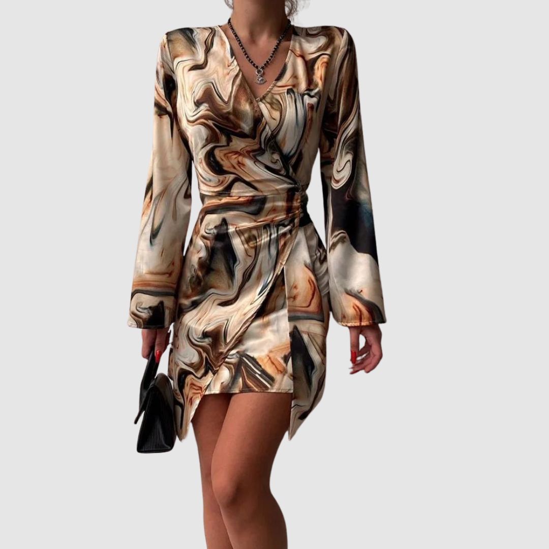 Robe Portefeuille Femme - Manches Longues - Encolure V - Coupe Ajustable - Imprimé Moderne
