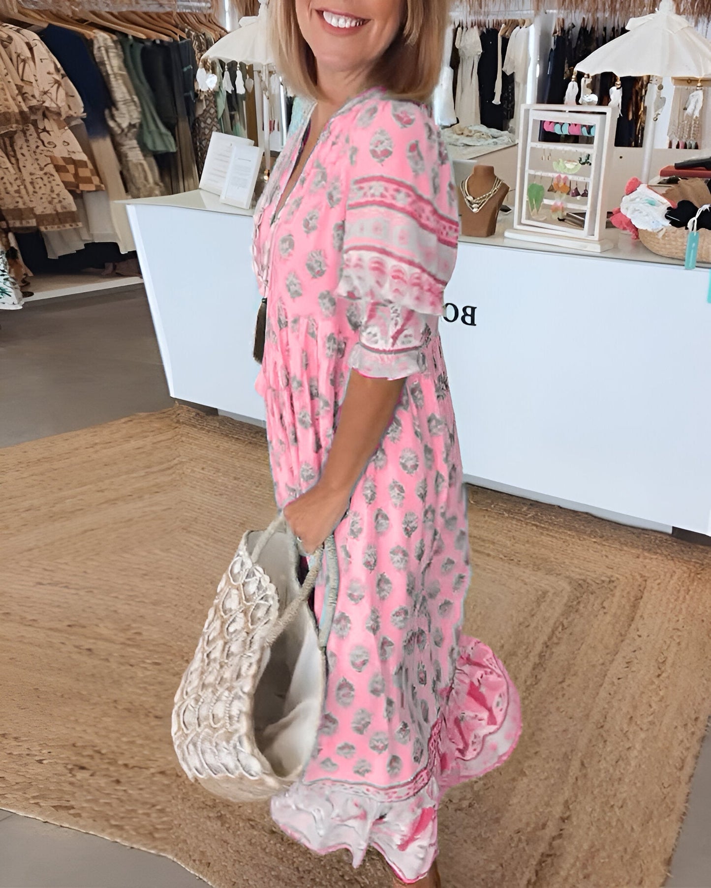 Robe longue femme – Tissu naturel – Motif bohème – Manches 3/4 – Coupe fluide