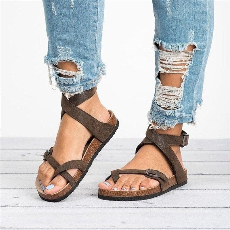 Sandales Femme - Semelle Confort Liège - Brides Multiples avec Boucle - Style Décontracté