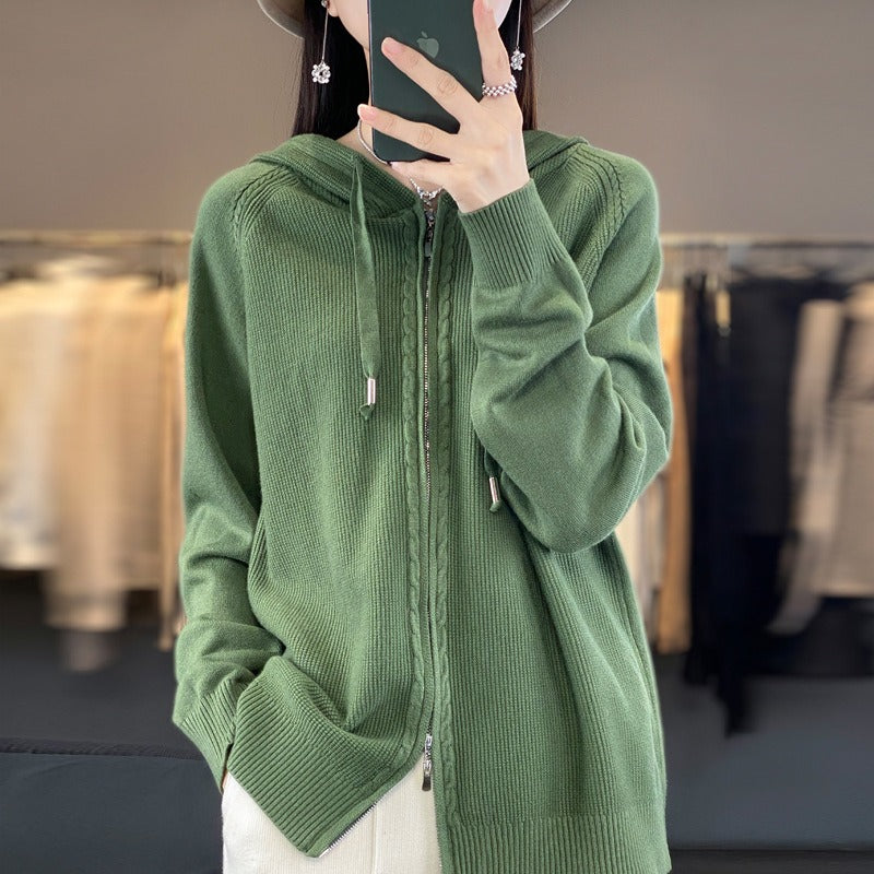 Sweat à capuche femme zippé – Coupe décontractée – Maille douce – Côtes et torsades