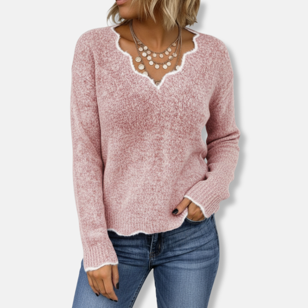Pull femme – Coupe décontractée – Maille laine – Col festonné élégant