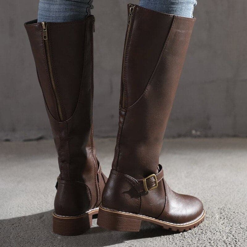 Bottes Hautes Femme - Cuir Lisse - Bout Rond - Talon Bloc Confort - Boucle Décorative