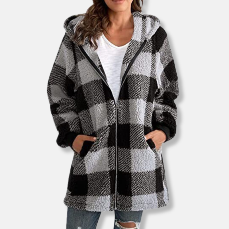 Sweat à capuche femme – Coupe oversize – Maille duveteuse – Motif à carreaux – Zippé