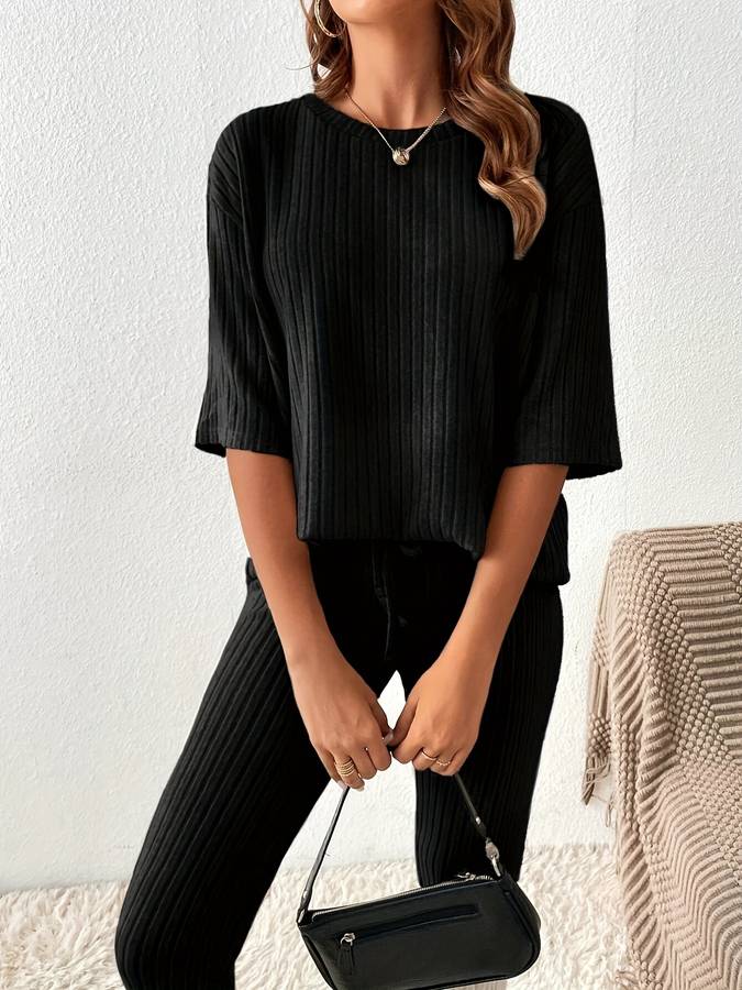 Ensemble Femme – Deux Pièces Côtelé – Haut Oversize Manches Courtes – Legging Taille Haute