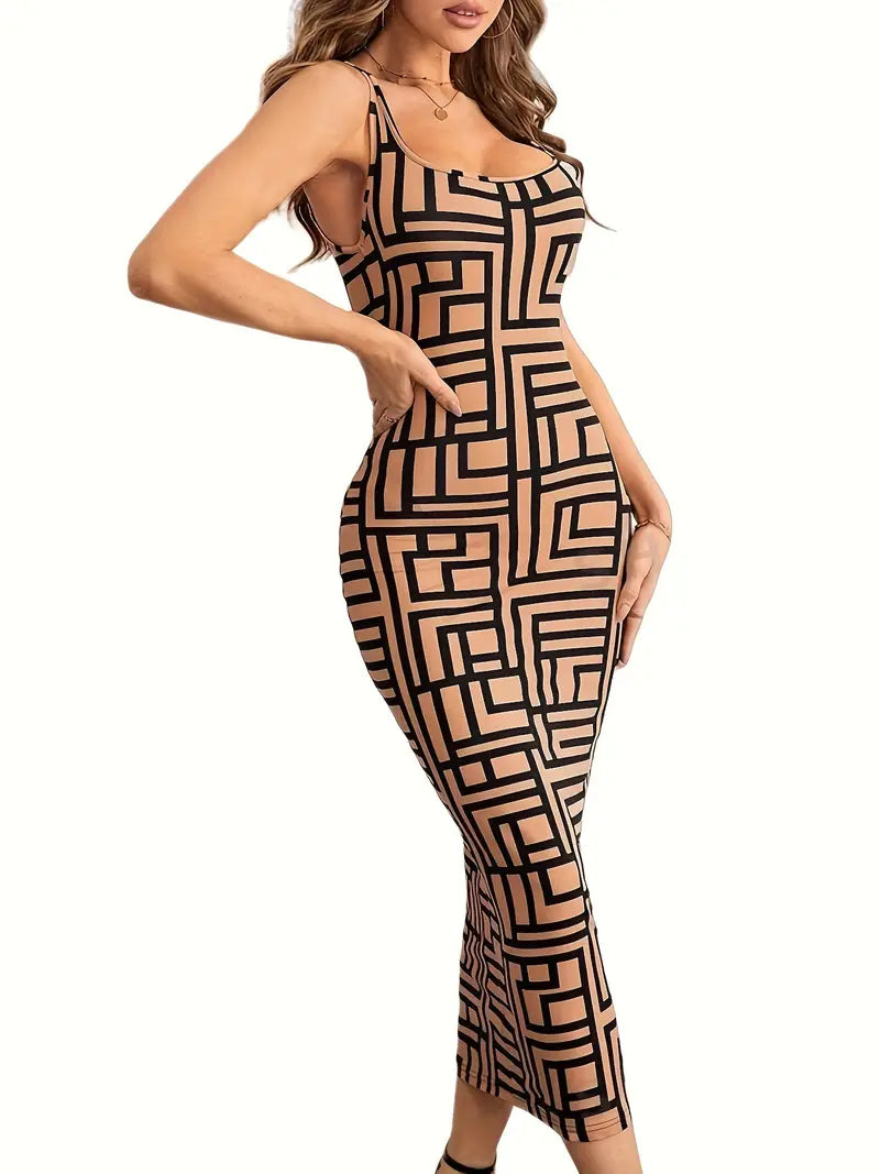Robe Midi Femme - Coupe Ajustée - Sans Manches - Encolure Carrée - Style Moderne