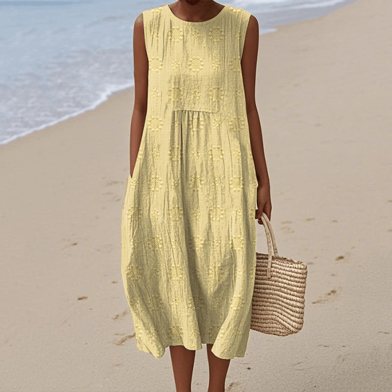 Robe midi sans manches femme – Coupe ample – Fibres naturelles – Imprimé floral – Poches