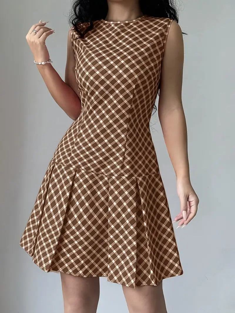 Robe Femme Sans Manches - Coupe Cintrée - Motif Carreaux - Jupe Évasée