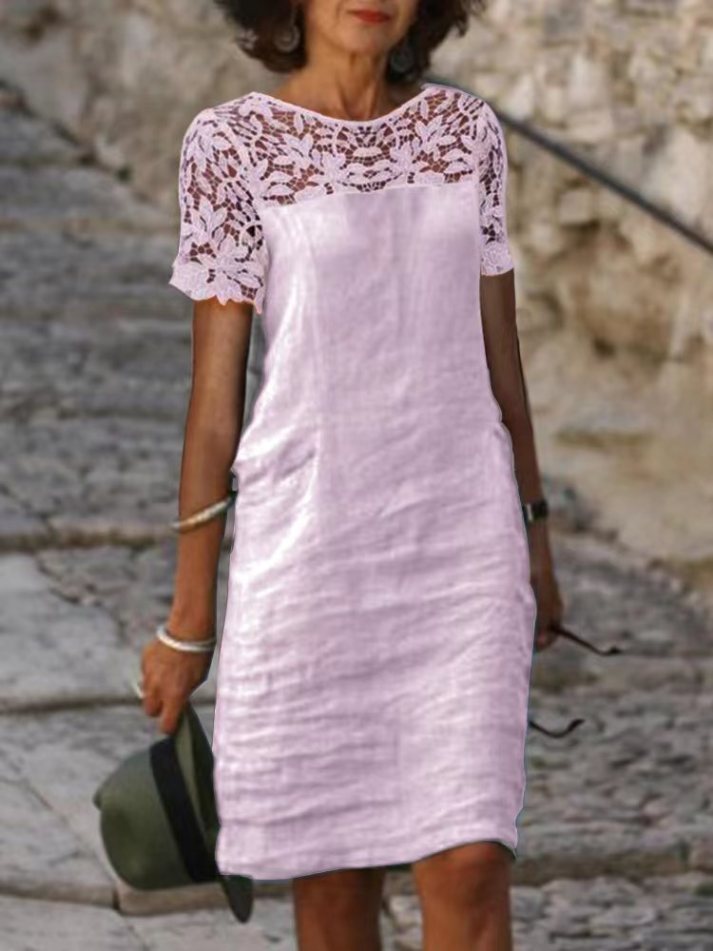 Robe Droite Femme - Manches Courtes - Dentelle Élégante - Tissu Léger Confortable