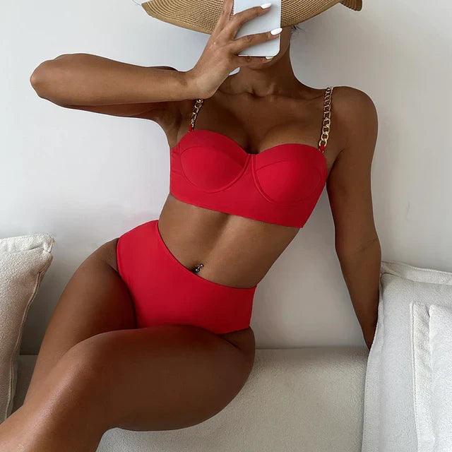 Bikini taille haute rembourré - Chic avec bretelles à chaîne élégantes