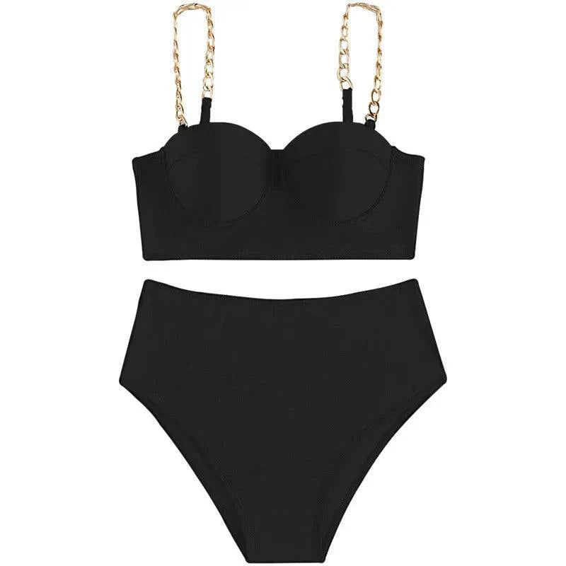Bikini taille haute rembourré - Chic avec bretelles à chaîne élégantes