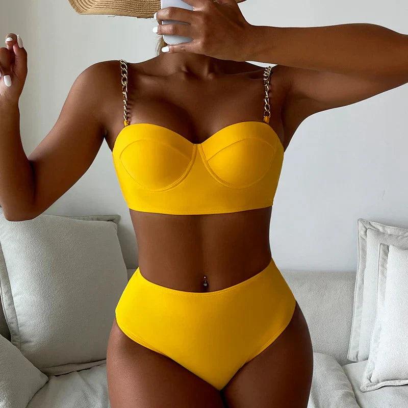 Bikini taille haute rembourré - Chic avec bretelles à chaîne élégantes