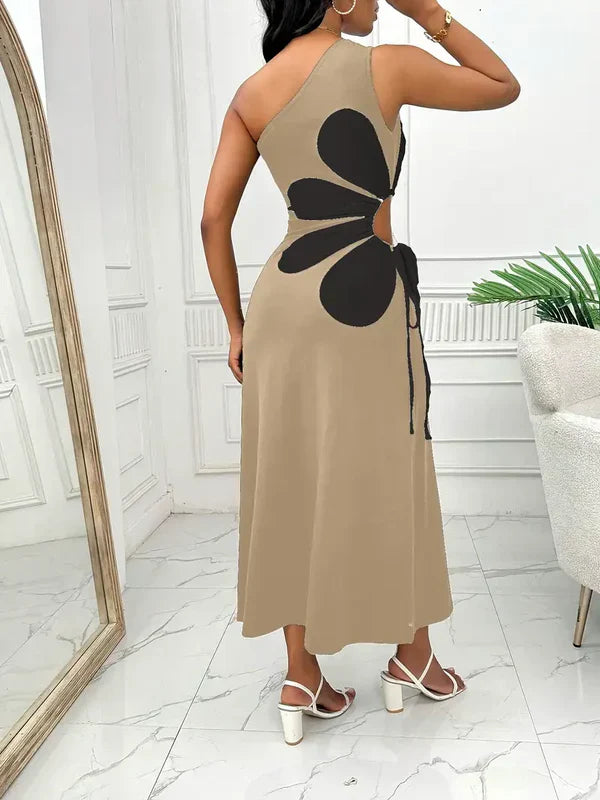 Robe Maxi Femme - Asymétrique Épaule Dénudée - Détail Fleur Découpé - Élégante et Fluide