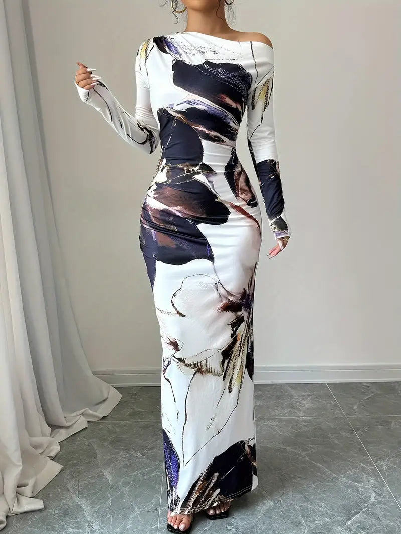 Robe Maxi Femme – Épaules Dénudées – Manches Longues – Coupe Ajustée – Imprimé Tendance