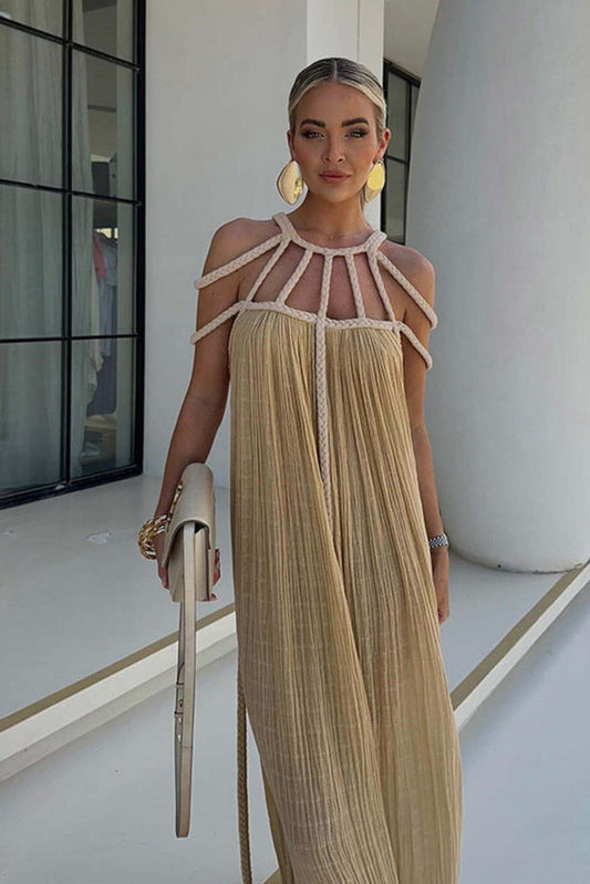 Robe Maxi Femme - Décolleté Halter - Plissée Élégante - Coupe Ample et Fluide