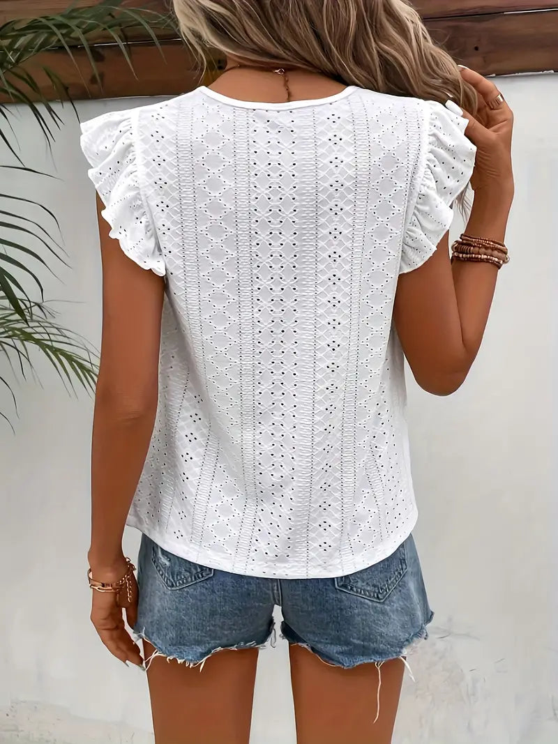 Blouse Femme - Broderie Anglaise - Manches Volants - Coupe Ample - Col Rond