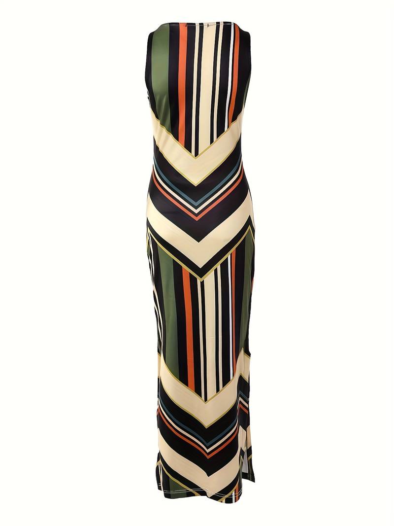 Robe Maxi Femme - Sans Manches - Fendue Côté - Coupe Moulante - Motif Géométrique
