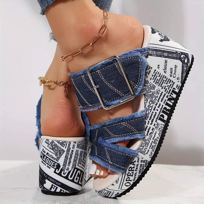 Sandales Compensées Femme - Denim Effiloché - Semelle Haute Imprimée - Bout Ouvert