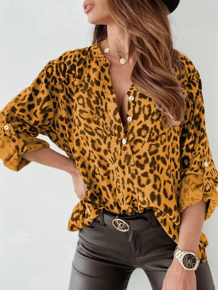 Blouse femme – Coupe ample – Tissu respirant – Imprimé léopard – Manches bouffantes