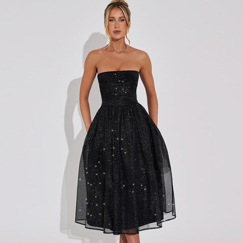 Robe de Soirée Femme - Sans Bretelles - Coupe Cintrée - Jupe Mi-Longue Brillante