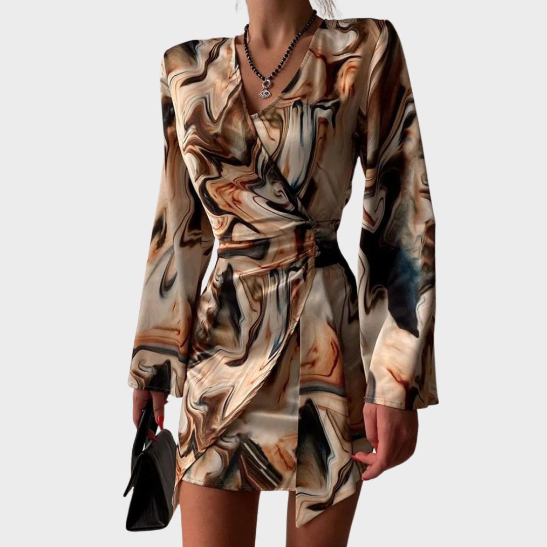 Robe Portefeuille Femme - Manches Longues - Encolure V - Coupe Ajustable - Imprimé Moderne