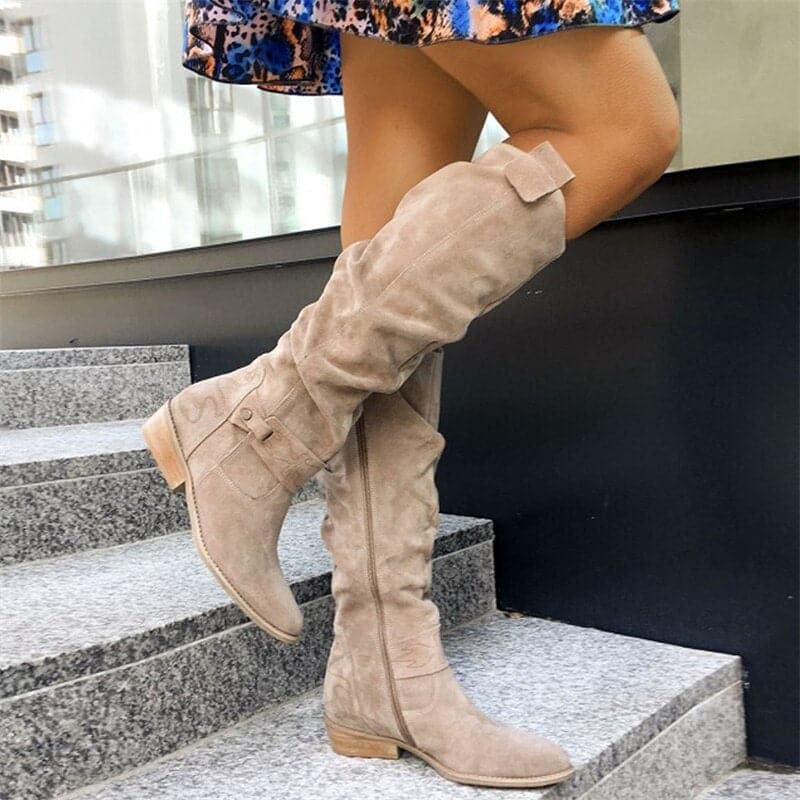 Bottes Femme - Daim Élégant - Coupe Ample - Lanières et Boucles Déco - Confort Quotidien