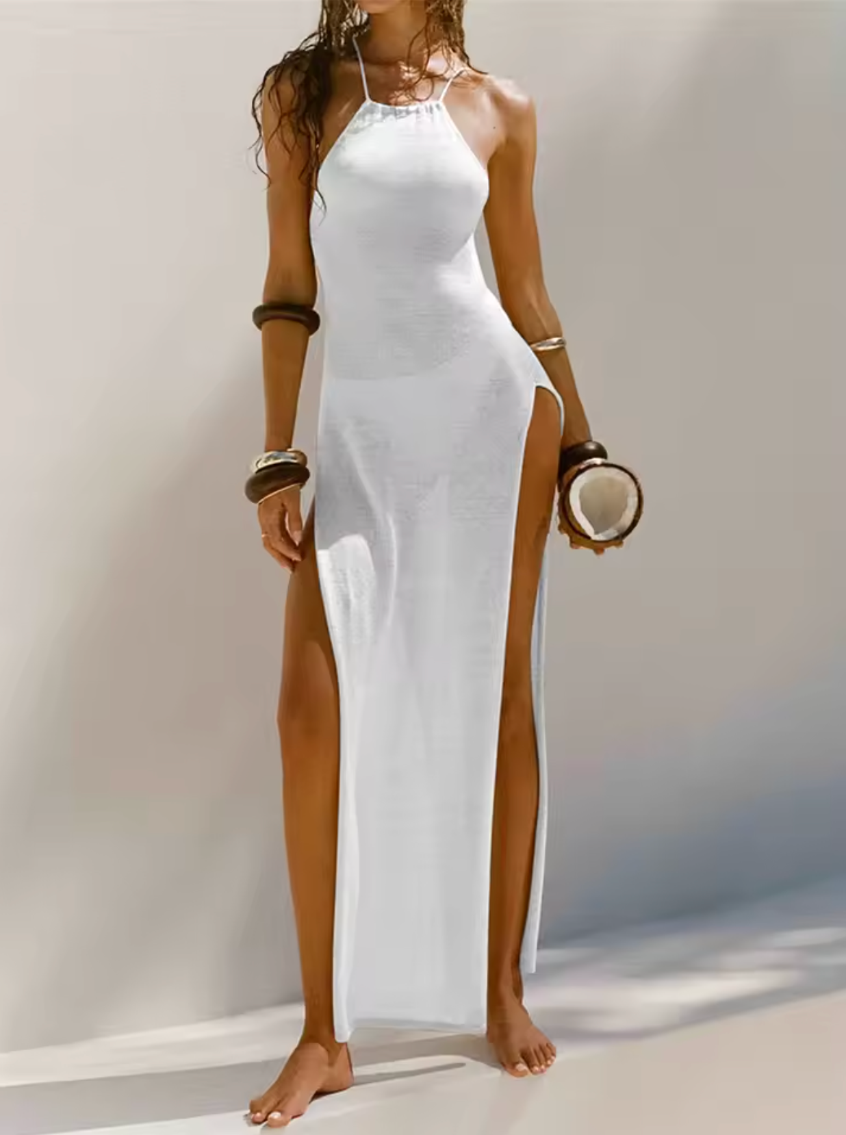 Robe Maxi Femme – Sans Manches – Fendue – Col Halter – Coupe Ajustée Élégante