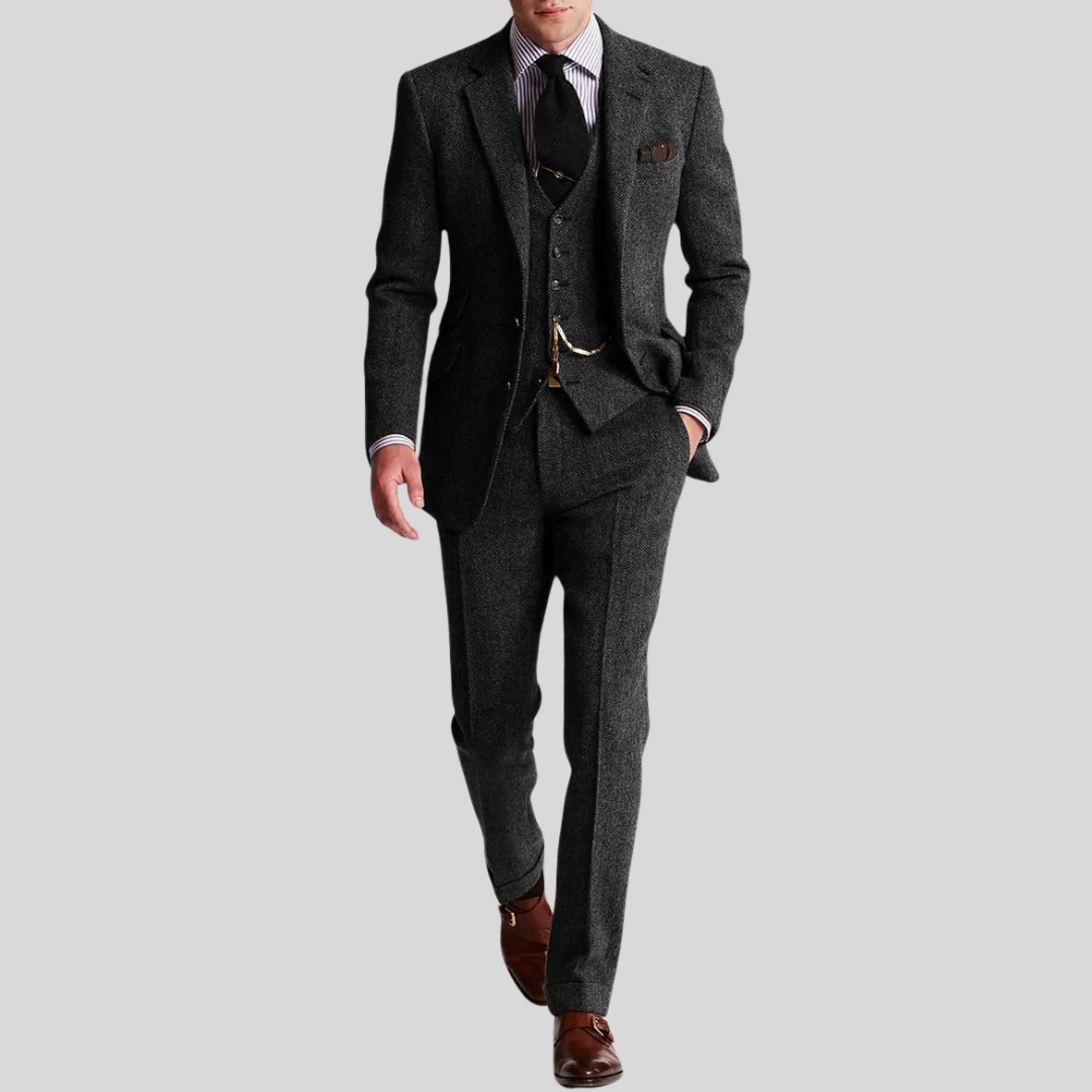 Costume 3 Pièces Homme - Tweed Élégant - Coupe Slim - Veste, Gilet et Pantalon