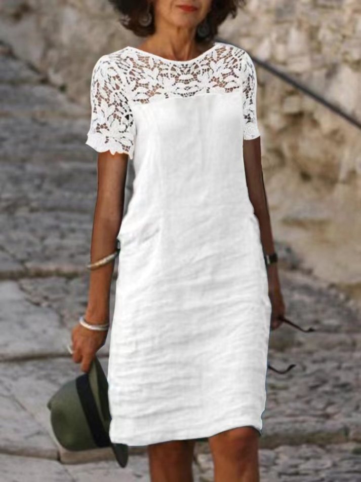 Robe Droite Femme - Manches Courtes - Dentelle Élégante - Tissu Léger Confortable