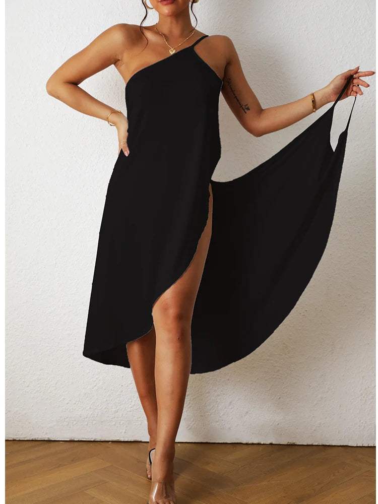 Robe Femme - Asymétrique Une Épaule - Coupe Fluide - Fendue Élégante