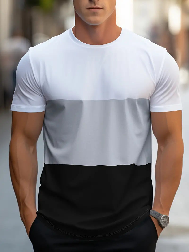 T-shirt homme - Coupe régulière - Col rond - Manches courtes - Motif color block