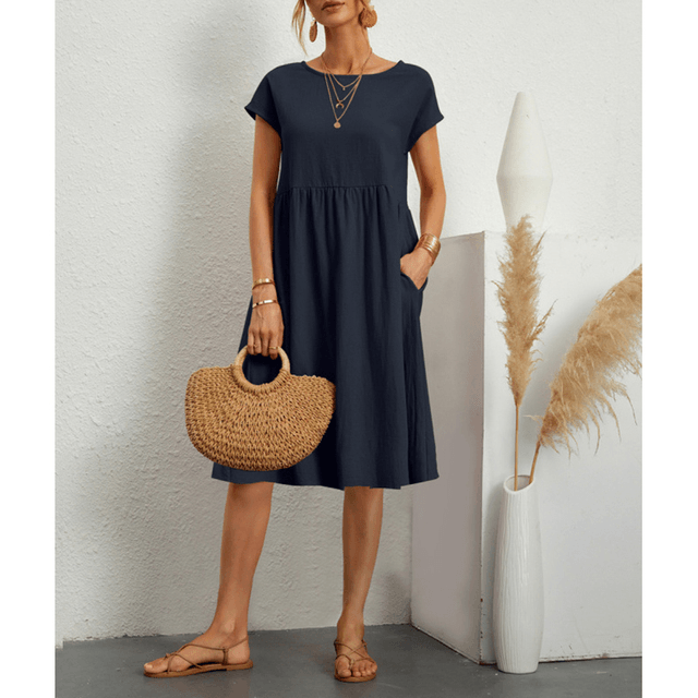 Robe midi d'été minimaliste pour femmes - Coton lin respirant et décontracté