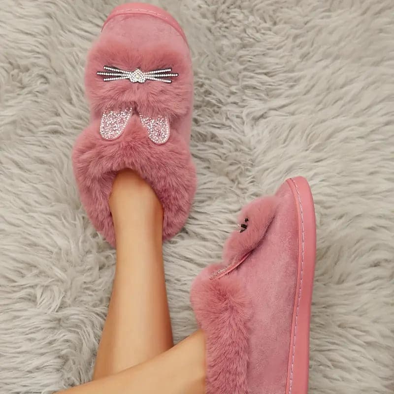 Chaussons Femme - Doublure Peluche - Motif Lapin Strass - Fermés et Confortables