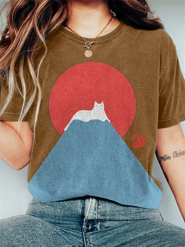 T-shirt Femme - Col Rond - Manches Courtes - Coupe Ample - Motif Chat Graphique