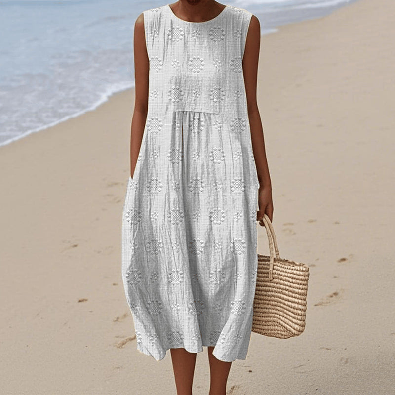 Robe midi sans manches femme – Coupe ample – Fibres naturelles – Imprimé floral – Poches