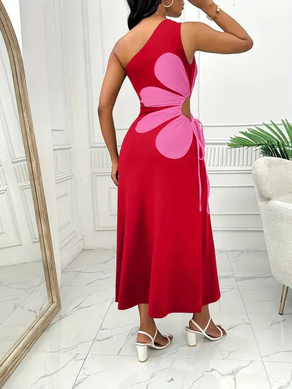 Robe Maxi Femme - Asymétrique Épaule Dénudée - Détail Fleur Découpé - Élégante et Fluide