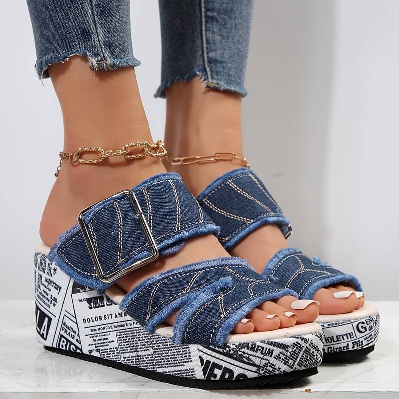 Sandales Compensées Femme - Denim Effiloché - Semelle Haute Imprimée - Bout Ouvert