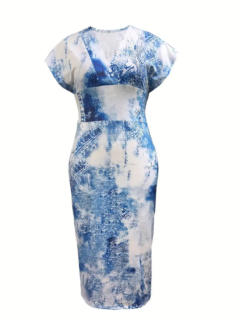 Robe Midi Femme - Cintrée Patchwork Denim - Manches Courtes Col V Chic