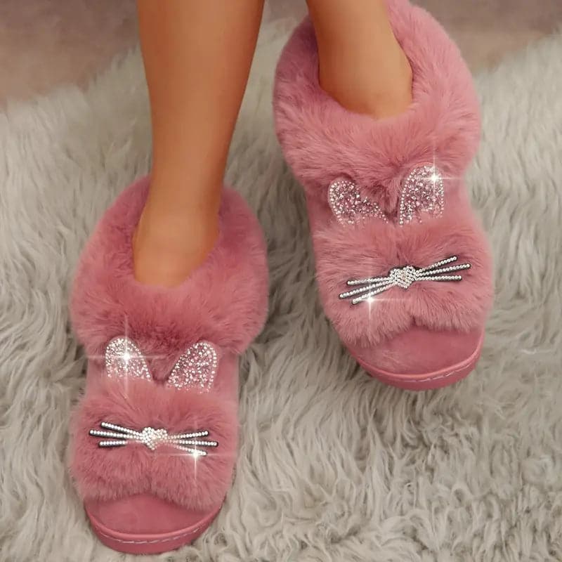 Chaussons Femme - Doublure Peluche - Motif Lapin Strass - Fermés et Confortables